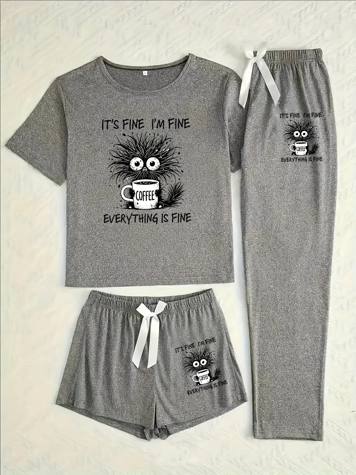 Women's Cartoon Coffee Cat Print Sleepwear, Loungewear Set, Cute Pajama Sets, Fitted Casual Pajamas for All Seasons, Comfortable Three-Piece Nightwear, Pyjamas, Pjs, Womenswear