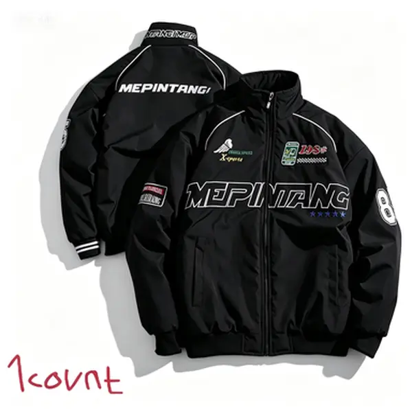 Men's Stylish Retro Racing Style Bomber Jacket - Graphic Print, Patch Details, Stand Collar, Fleece Fabric, Longsleeves Tops, Comfortable & Warm, Ideal for Casual Street Style, Workwear
