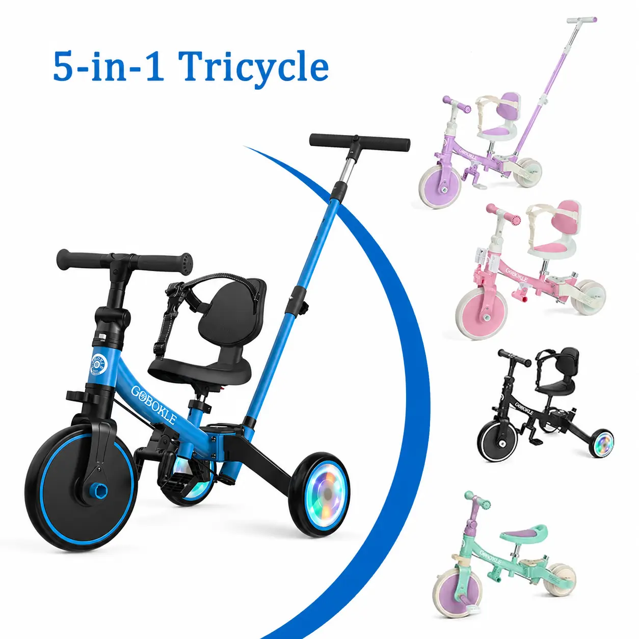 5-in-1 Toddler Tricycle for Ages 1-3, Convertible Ride-on Toy with Push Handle, Removable Pedals, Colorful Light-Up Wheels, Adjustable Seat Height & Backrest