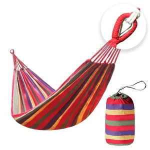 Portable Camping Hammock Premium Soft Canvas Fabric with Anti-Shedding S Hooks & Ropes Heavy Duty for Indoor & Outdoor Use Striped Design