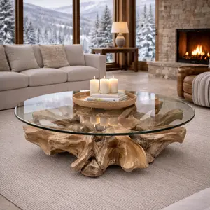 Handcrafted Teak Root Coffee Table with Round Glass Top