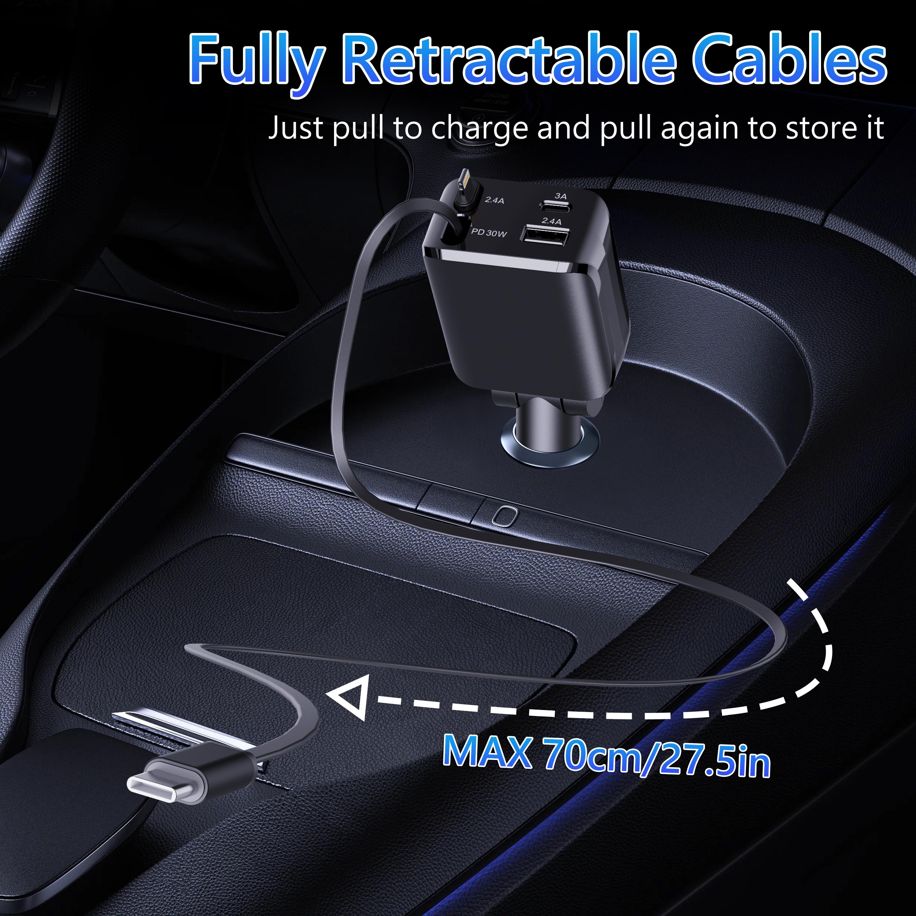 60W Retractable Car Charger | 4-in-1 USB-C Fast Adapter with Lightning Cable & Dual Ports for All Your Devices