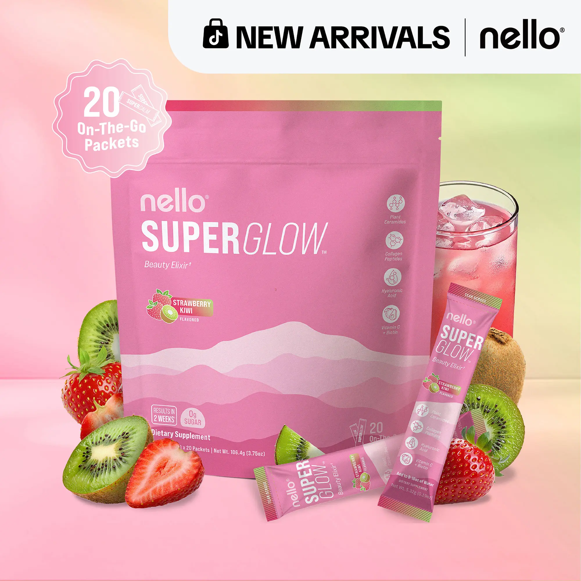 Nello Superglow Skin & Hair Support Drink Mix, Ceramosides, Hyaluronic Acid, Collagen Peptides, Biotin & Vitamin C, 20 Travel Packets