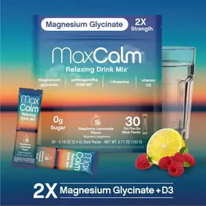 MaxCalm Relaxing Drink Mix - Raspberry-Lemonade Flavor - Magnesium Supplement with KSM-66 Ashwagandha - Supports Relaxation - 30 Single-Serve Packets
