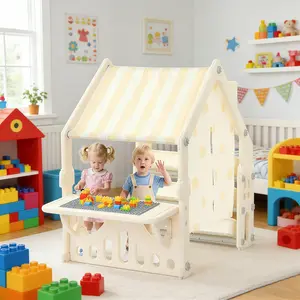 Kids Playhouse with Building Block Panel and Categorized Storage Compartments, Featuring Roof and Curtains Indoor Play Storage for Toddlers, Packed with Creative Fun Shelves & Racks Khaki