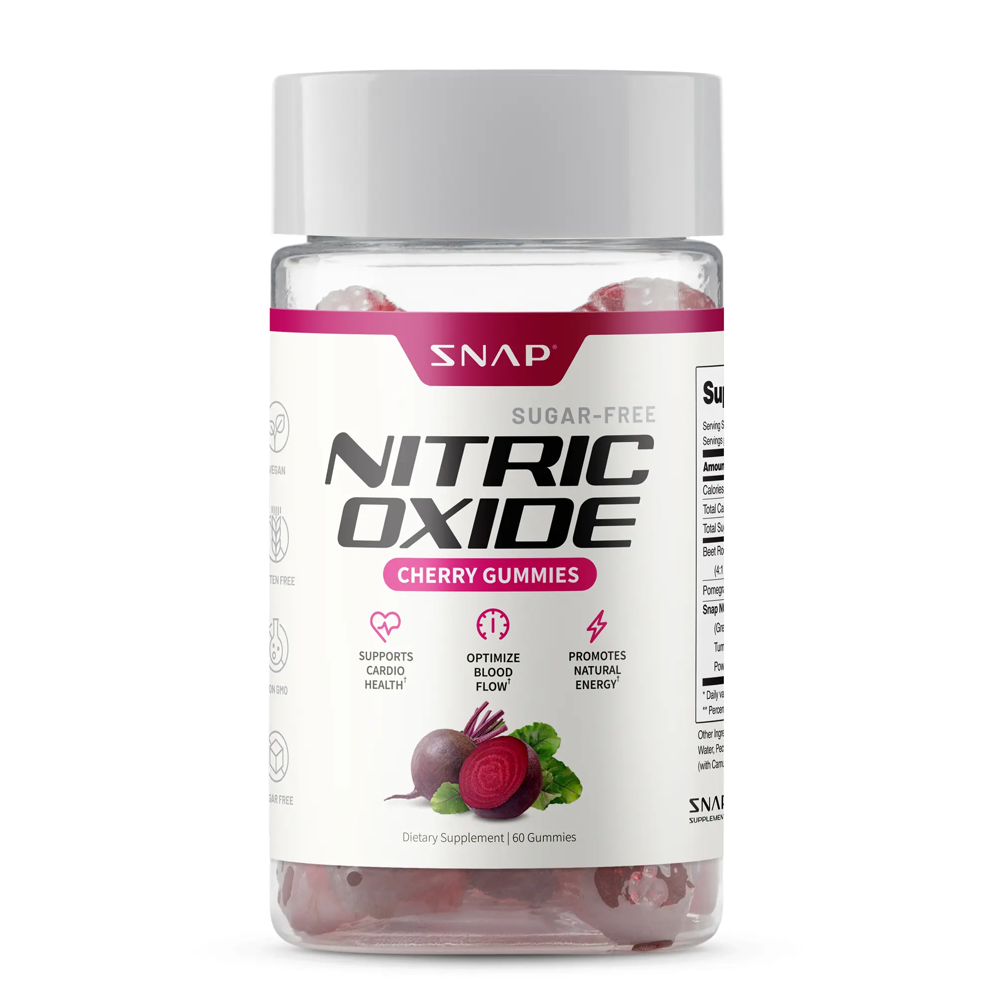 Snap Supplements - Sugar Free Nitric Oxide Beet Root Gummies - Cherry Flavor - Heart Health, Energy Boost - Circulation - Nitric Oxide Booster - 3rd party tested
