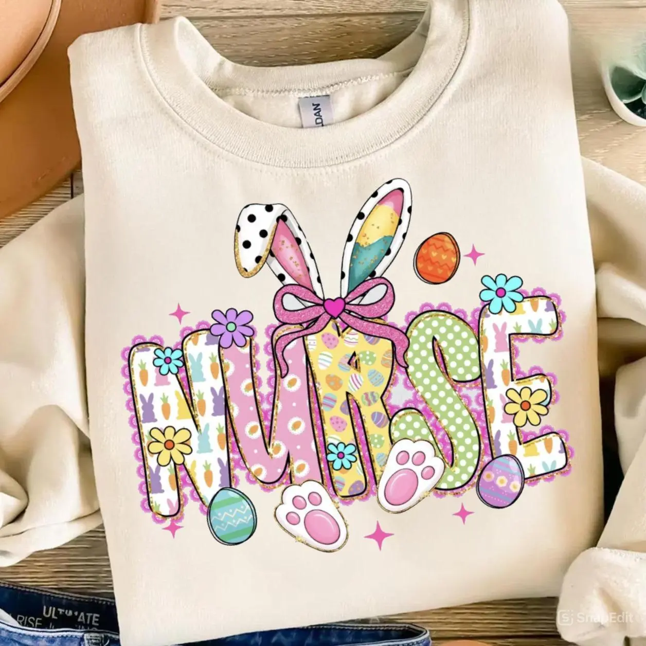 Women's Nurse Easter Bunny Cotton-Polyester Sweatshirt - Ribbed Long-Sleeve Classic Fit Crewneck (Round Neck), Pull-On, Cute Rabbit Ears, Floral Egg Print, Heavy Comfortable Fabric, Casual Fashion Spring Holiday Gift Pullover Top