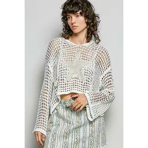 POL Ivory V-Neck Crochet Star & Pearl Sweater