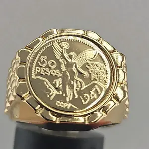 (R52) 14K Gold Plated Adjustable Big Coin Ring for Men