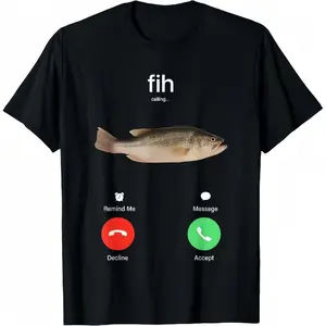 GGOR 100% Cotton Fih Calling Remind me Message Decline Accept Phone Call Fish T-ShirtFit Casual Streetwear Men Gifts