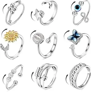 Trendy 9 Pcs Fidget Anxiety Rings for Women Men Spinner Rings for Anxiety Relieving Stress Open CZ Flower Moon Star Anti Rotatable Rings Adjustable