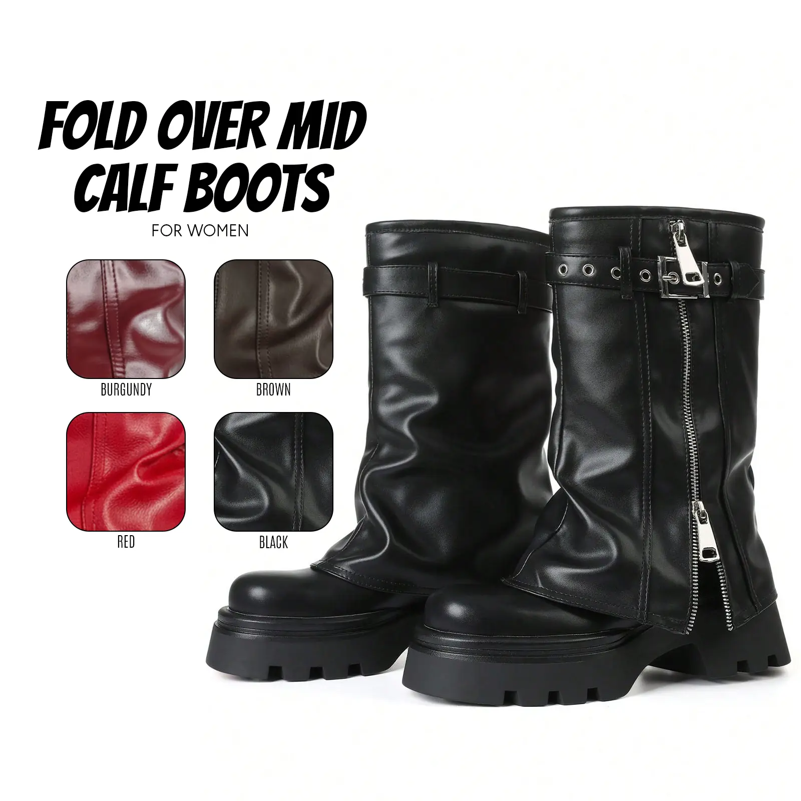 Womens Fold Over Boots Mid Calf Boot Slouchy Platform Lug Sole Round Toe Chunky Heel Metallic Fashion Buckle Belt Side Zipper Gaiter Gothic Punk Spring Motorcycle Combat Riding Shoes