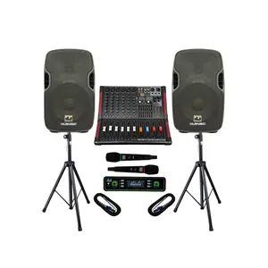 MUSYSIC MU‑PAS15 Complete PA System – Powered 6‑Channel Mixer, Dual 15" Speakers, Wireless Mics, Stands, and Cables