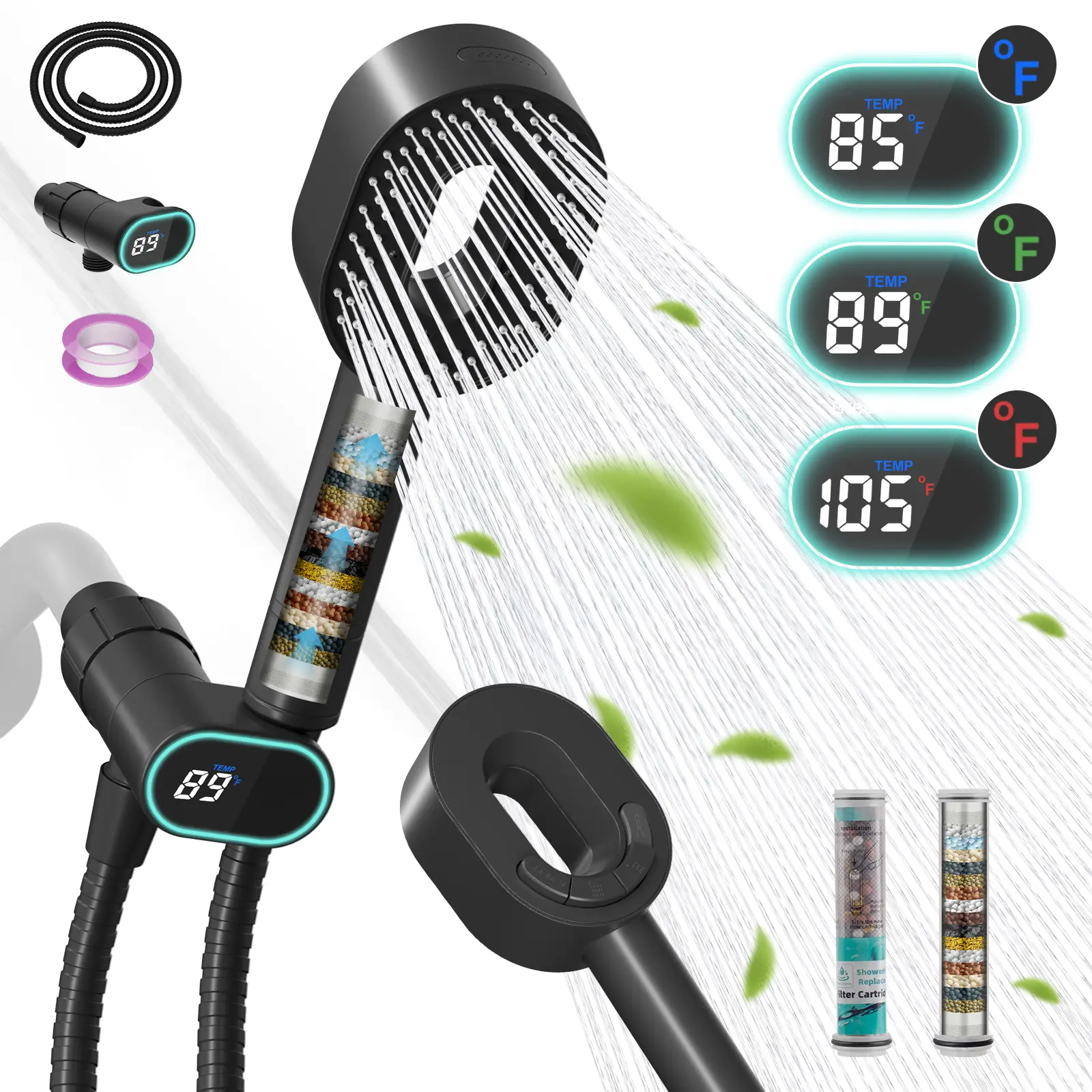 Hibbent Upgraded Filtered Handheld Rainfall Shower Head, High-Pressure 5-Spray Model with Chlorine-Removing Filter, LED Display Holder, Brass Pivot Bracket, 59'' Hose, Chrome Finish