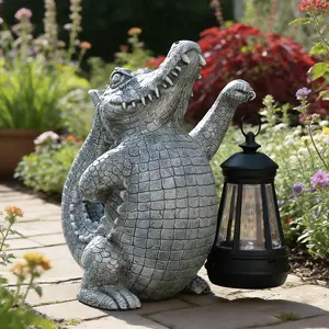 Whimsical Resin Alligator Figurine, Crocodile Garden Ornament, Lifelike Alligator Sculpture Featuring Lantern Detail, Durable Resin Build, Suitable for Patio, Yard, And Front Porch Decor, Festival Gift