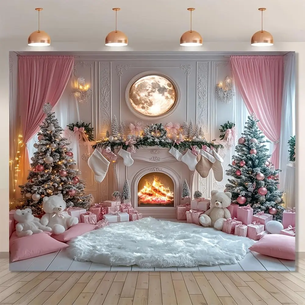 1pc 2D Flat [Festive | Christmas] Festive Christmas Backdrop | Pink Fireplace Scene with Trees and Gifts | No Electricity Needed | Winter Holiday Party Decoration | Outdoor Decorations Banners Ornaments White