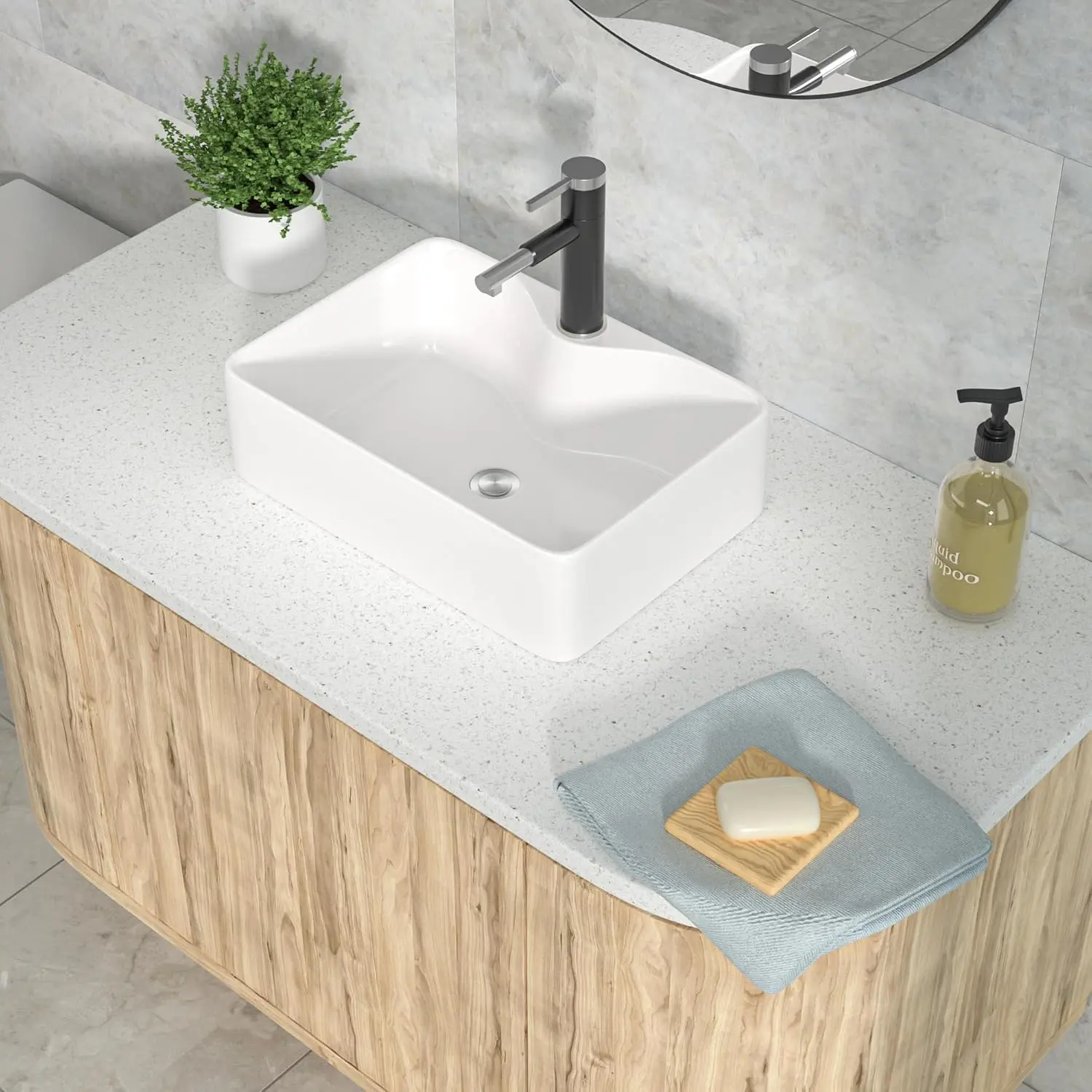 Kichae 16"x12" Rectangle Bathroom Vessel Sink Porcelain Ceramic White Vanity Sink Above Counter Design with Faucet Hole, Modern Sink for Lavatory, Hotel Art Basin