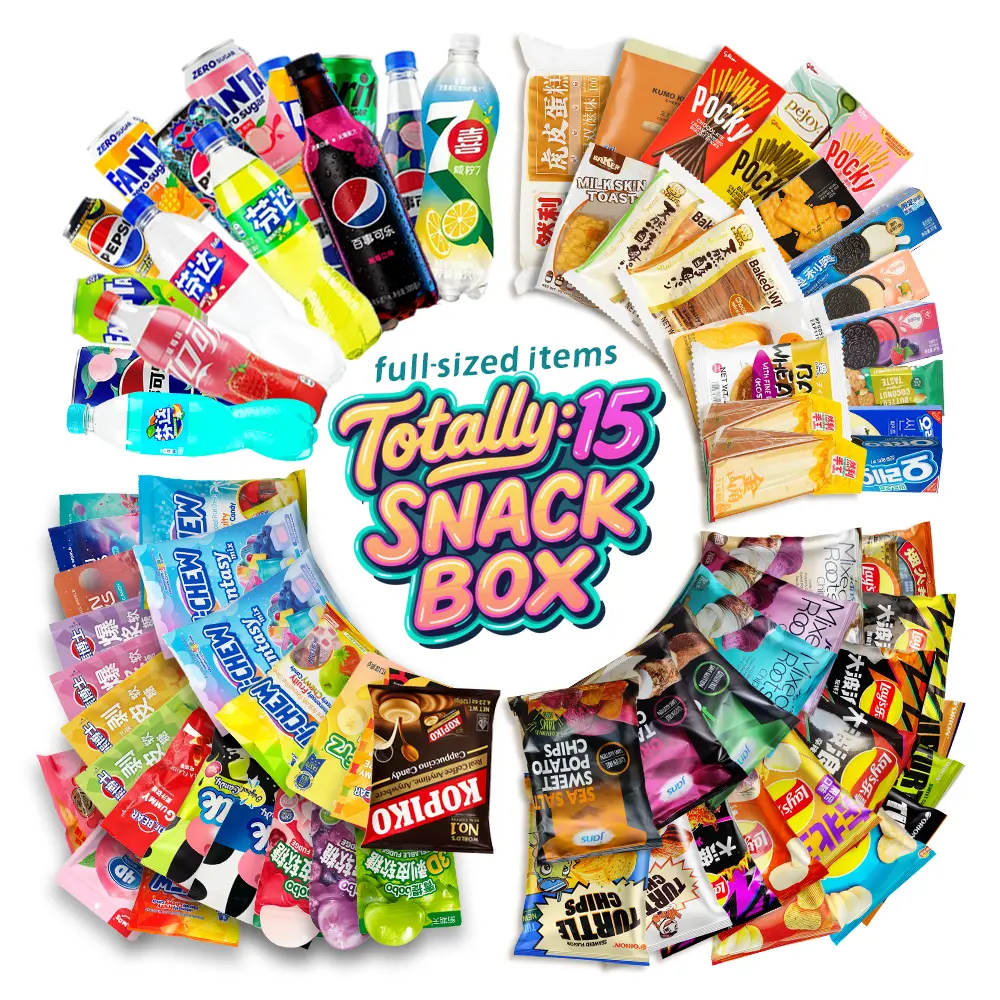 Bite Me Asia Snack Box with 15 Full-Sized Items Including Beverages Potato Chips Biscuits Bread and Candies
