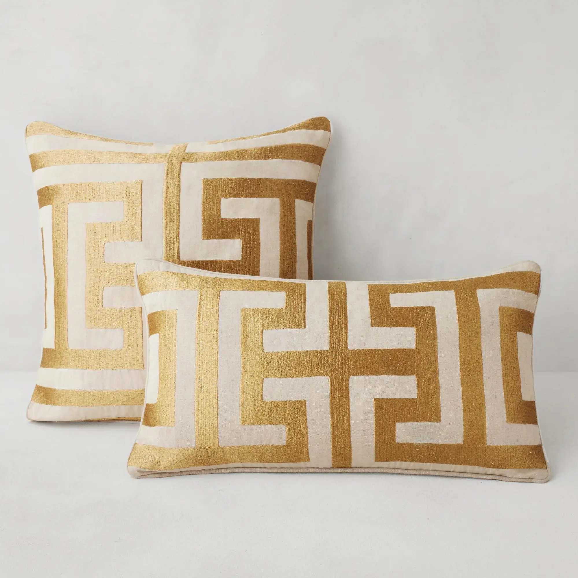 Z Gallerie Cace Greek-Inspired Standard Pillow, Black/Gold Greek Key Embroidered Cotton-Linen Blend, Feather-Down Insert, Luxe Sofa Bed Decor Cushion, Greek-Inspired Standard Pillows