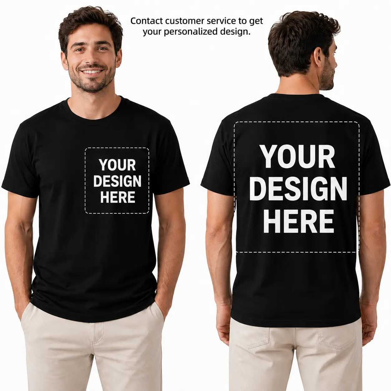 Men's Vintage Relaxed Round Neck Menswear Teddy T-Shirt - Unisex Custom DIY Graphic Cotton Tee, Personalized Front-Back Photo/Text Artwork, Gifts for Him, Short-Sleeve Black Top