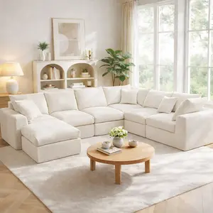 Benazcap Cloud Sectional Couches for Living Room L-Shaped Convertible Sofa 2-7-Seat Modular Boneless Couch with Movable Ottoman Beige Tool-Free Assembly Family & Pet-Friendly Deep Seating Comfort