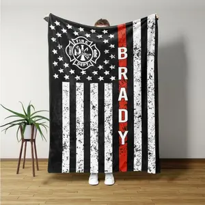 Firefighter blanket, firefighter gift, firefighter red thin thread blanket, custom name and number patriotic pride, gift for firefighters.