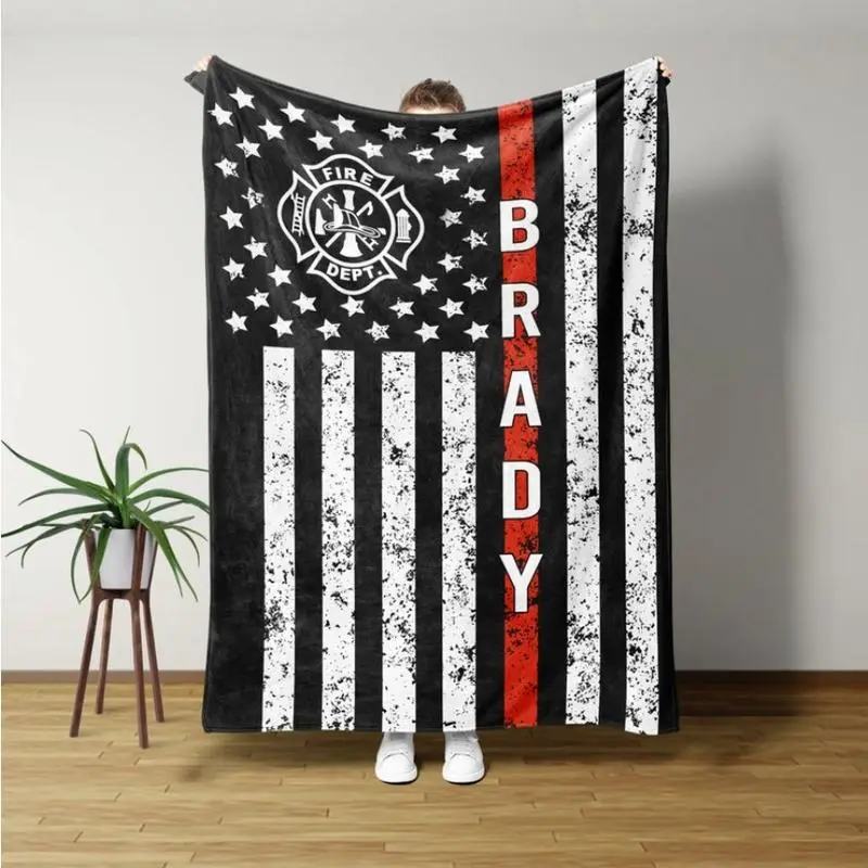 Firefighter blanket, firefighter gift, firefighter red thin thread blanket, custom name and number patriotic pride, gift for firefighters.