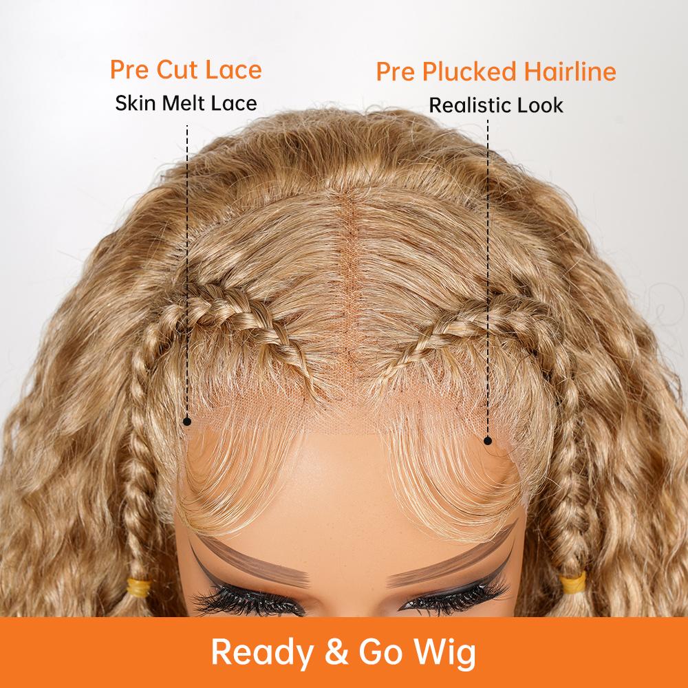 [Clearance Sale] Wiggins Hair #27 Honey Blonde Pre Braided Water Wave Wig 13x4 Lace Frontal Wig Human Hair Stylist Wig Ready To Go Glueless Pre Cut Lace Pre Plucked