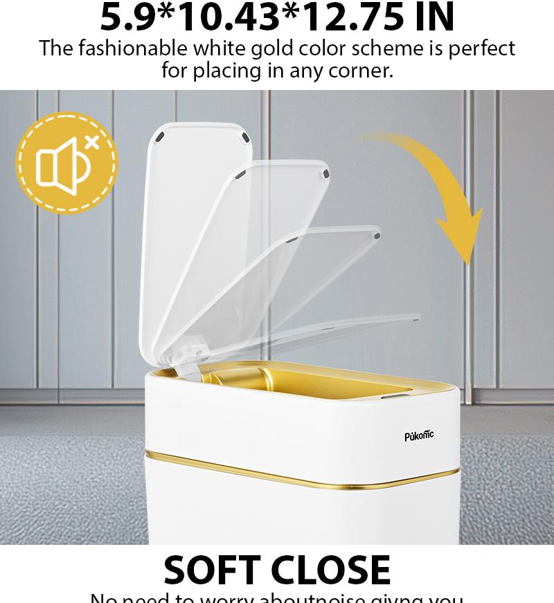 Pukomc Auto-Sensor Trash Bin Wave & Knee Induction Quick Voiceless Open Removable Liner Battery-Powered Waterproof Durable Multipurpose Reusable Automatic White Gold