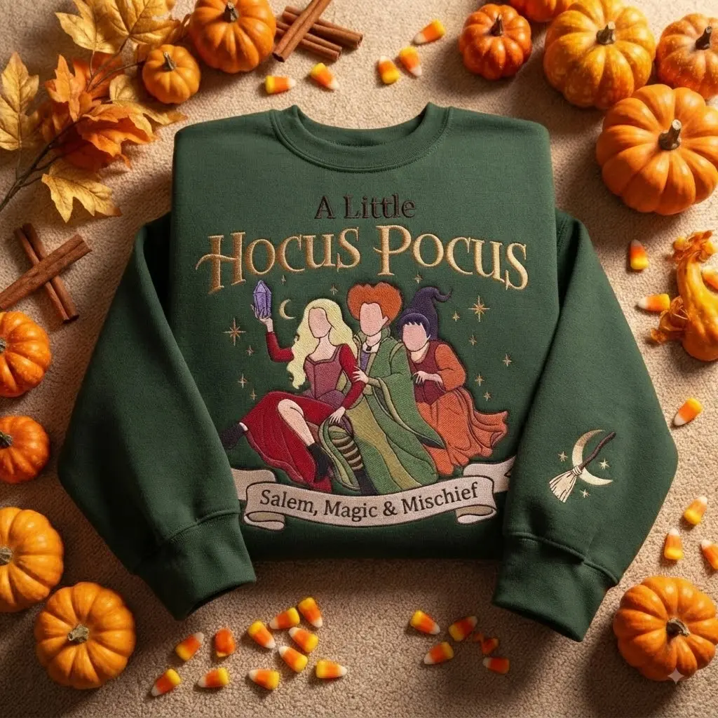 A Little Witch Embroidered Crewneck, Spooky Halloween Sweatshirt, Salem Witch Gift, Halloween Season Apparel