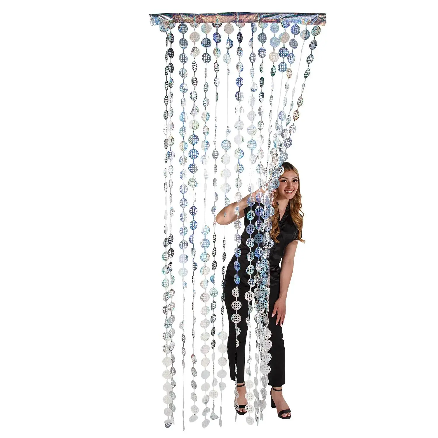 Silvertone Disco Ball Foil Plastic Curtain - 3 ft. x 8 ft., Light Hanging Backdrop for Photo Shoots & Parties, Door Decoration Accessory