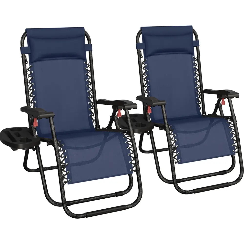 Costoffs Set of 2 Extra Wide Heavy-Duty 26in Zero Gravity Outdoor Lounger Chairs for Adults, Foldable Fixed-Arm Patio Recliners with Adjustable Headrest, Side Tray, Cupholder, Shoulder Straps, Dries Fast Fabric, Built for Poolside & Patio