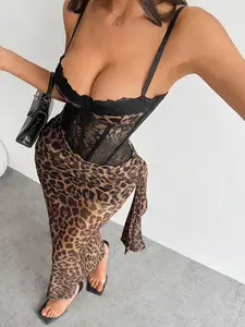 RES Vexica Leopard Print Knit Dress | Sexy Sleeveless Camisole with Lace & Mesh Details - Long Slit Pencil Skirt Party Dress for Women