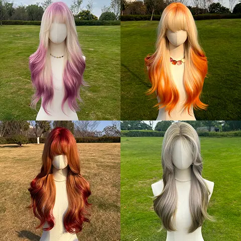 SMILCO 28 in Curly Artificial Wig - Coral Pink with Orange Platinum Highlights, Full Machine-Made with Bangs, Chic Fantasy Cosplay Party Wig, Synthetic Hair Pick Included (SM393)