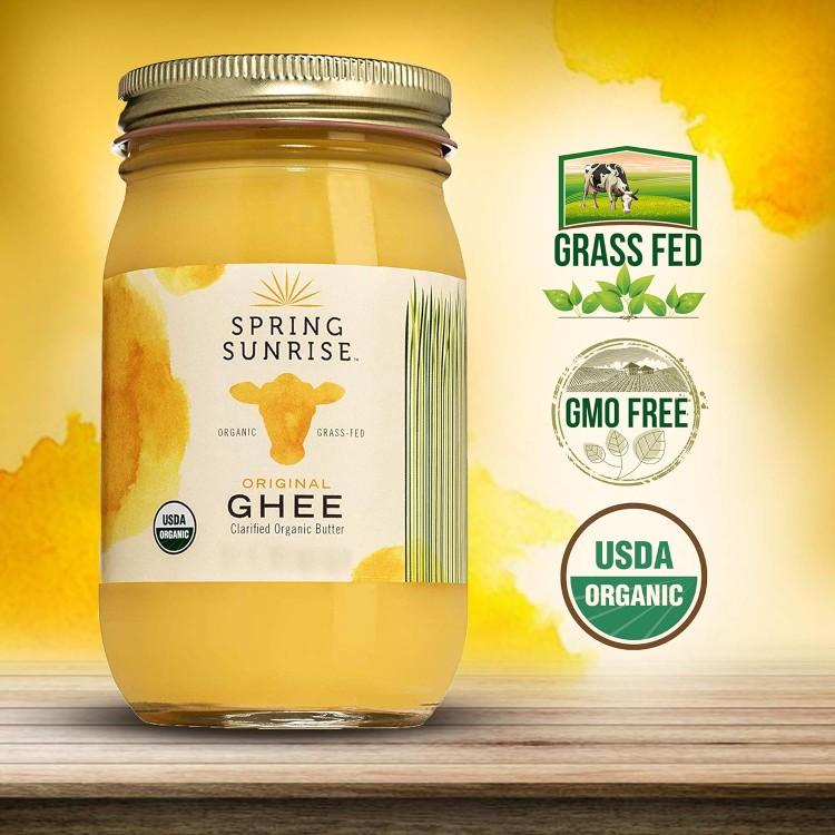 Spring Sunrise Organic Grass Fed Ghee Butter - USDA Certified Organic Clarified Butter - Paleo, Keto Friendly, Non-GMO, Gluten, & Casein Free Cooking Oil - Sustainably Sourced (16oz Jar) for Baking - Bake Taffy