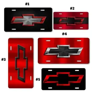 Chevrolet License Plates, Bold Chevy Logo Designs in Red, Black, and Metallic Finishes