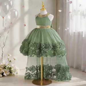Girls Dress Elegant Trailing Gown with 3D Floral Balloon Design Princess Party Birthday Wedding
