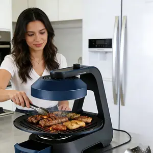 2 in 1 Electric Smokeless Indoor Grill with Precise Temperature Control , 360° Rotation & Non-Contact Heating for Korean BBQ, Non-Stick Removable Grill/Griddle Plates