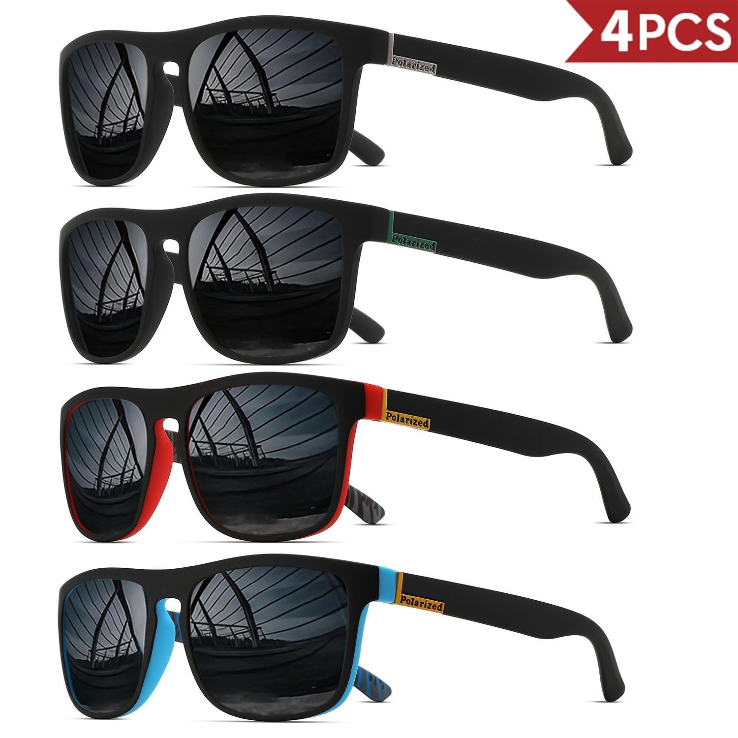 4-Pack Classic Square Sports Sunglasses - Polarized Lens, UV400 Protection, Lightweight PC Frame, Unisex for Driving, Fishing & Everyday Durability