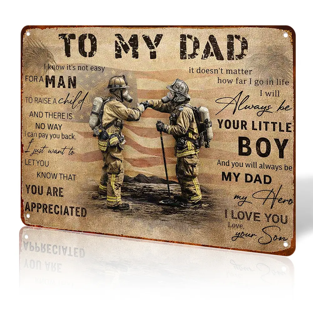 Vintage Aluminium Decorative Plaque, 12x8 in Firefighter Dad & Son Sign, Rustic Farmhouse Home Decor Gift for Dad, Father's Day Gifts, Dad Gifts