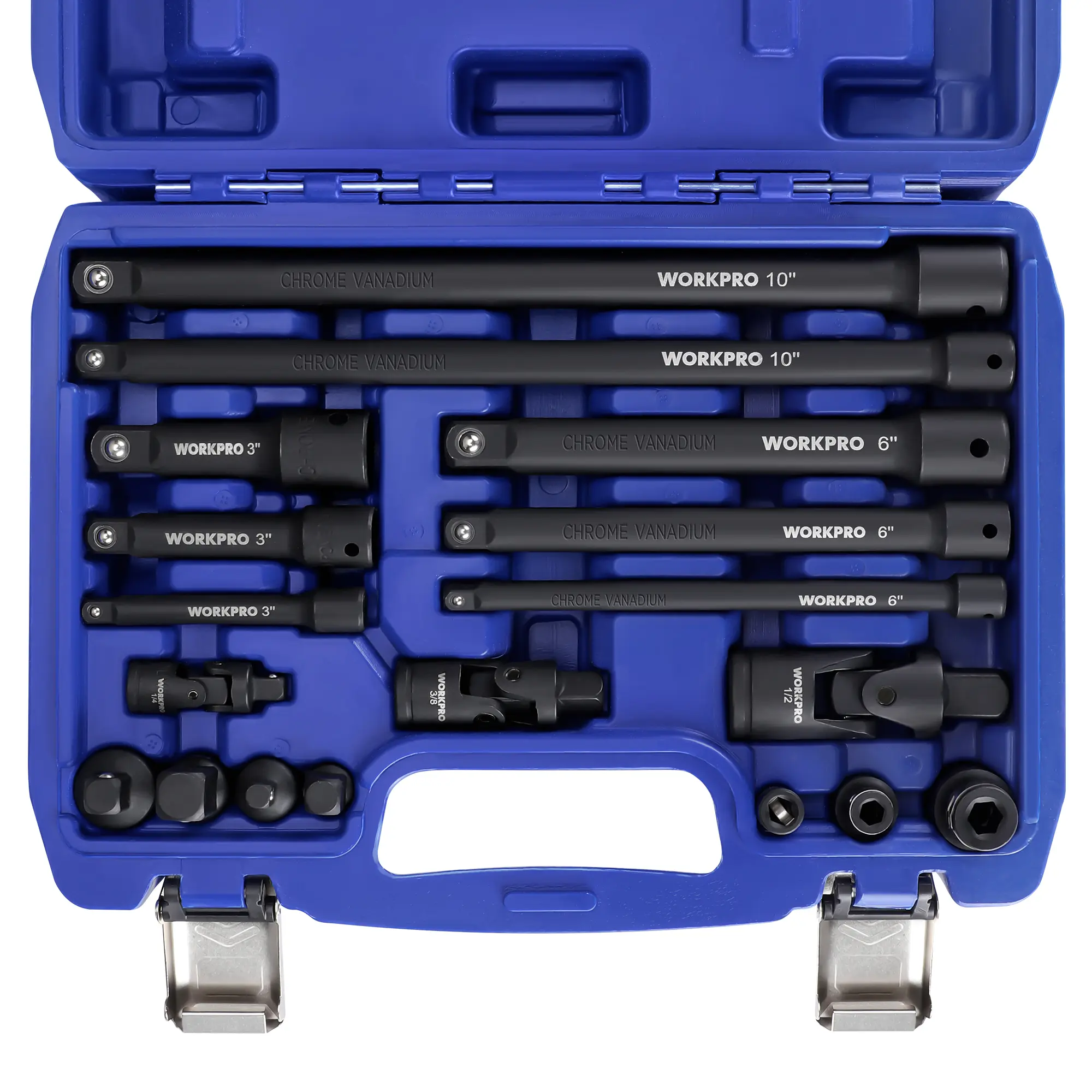 #backtoschool WORKPRO 18-Piece Impact Socket Extension Set, Includes Socket Adapters, Ratchet Extension Set, Socket Extension Bar, Swivel Universal Joints and Impact Coupler, 1/4", 3/8" & 1/2" Drive