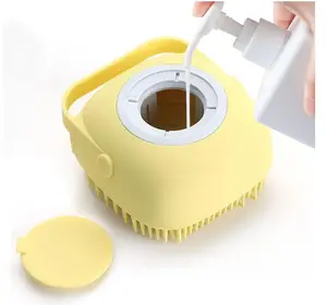 ELEGX Pet Grooming Bath Massage Brush with Soap and Shampoo Dispenser Soft Silicone Bristle for Long Short Haired Dogs Cats Shower (Yellow)