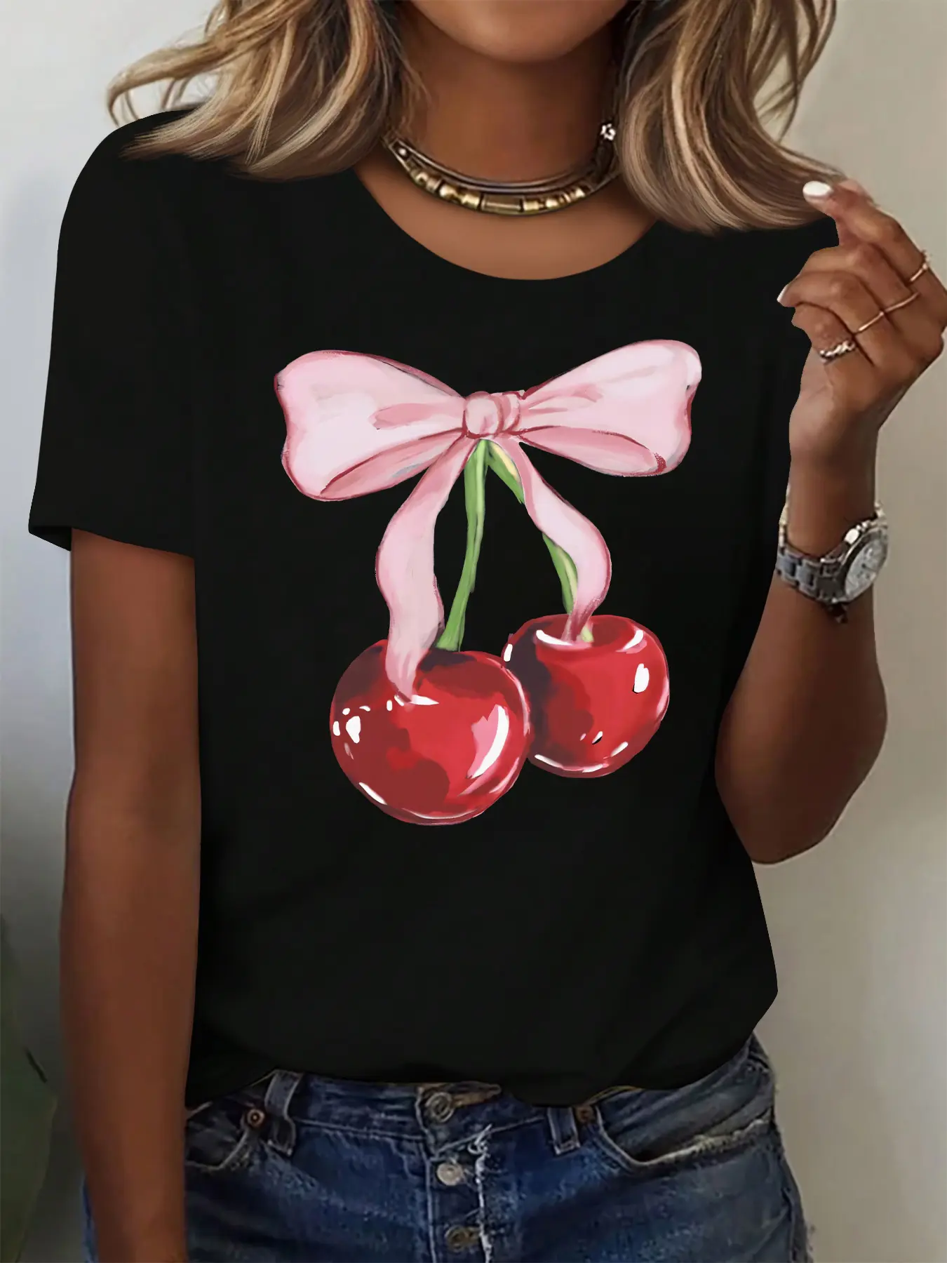 Women's Cute Cherry Bow Graphic T-shirt, 100% Cotton Loose Fit Short Sleeve Round Neck Top for Everyday Wear, Fits, Tshirt, Casual