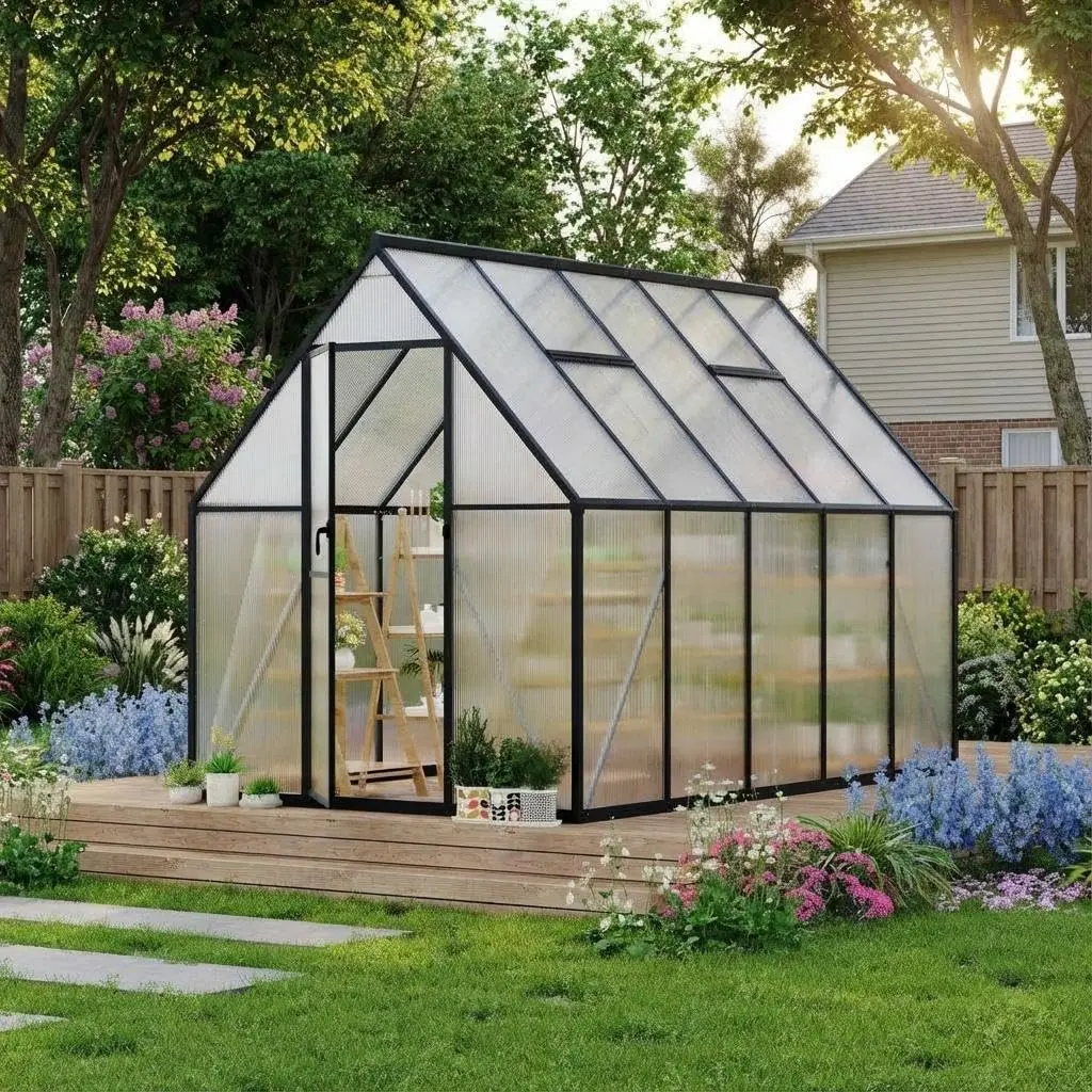 GAOMON 6x9 Ft Walk-In Outdoor Aluminum Greenhouse, Black Aluminum Frame, Polycarbonate Panels, Roof Vent, Easy-Assembly Outdoor Plant Growing Structure