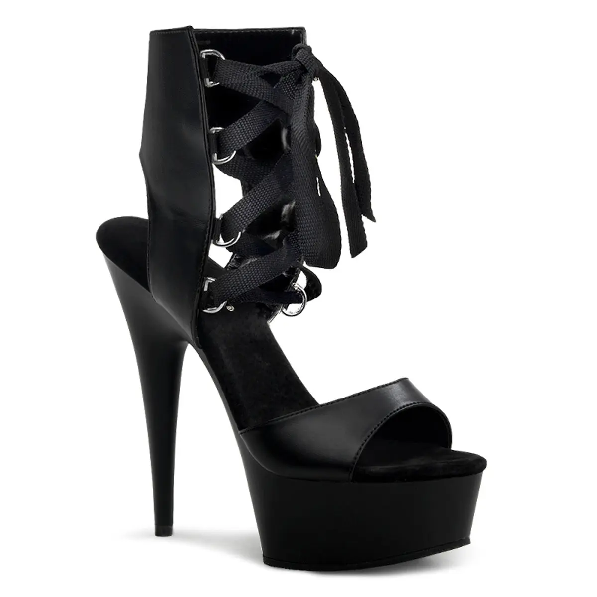 Pleaser Delight-600-14 Women's Black Vegan Leather Heels, Open Toe Lace-Up Bootie with 6" Stiletto and 1.75" Platform, High Heel, Footwear
