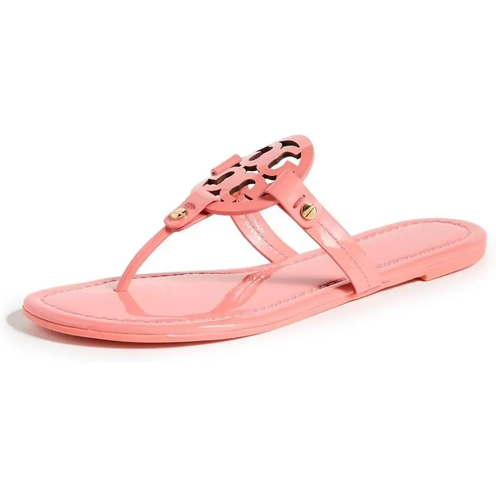 Tory Burch Women's Miller Toe Thong Sandals - Coral Crush/Pink 11743-651, Patent Finish, Rubber Logo Vamp, Pink Flip Flop Women's Sandals, Footwear