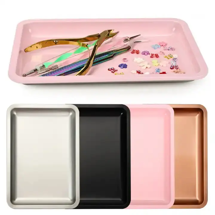 Silver Stainless Steel Multi-Compartment Implement Trays for Nail Care, Organized Storage of Beauty & Personal Care Manicure-Pedicure Tools