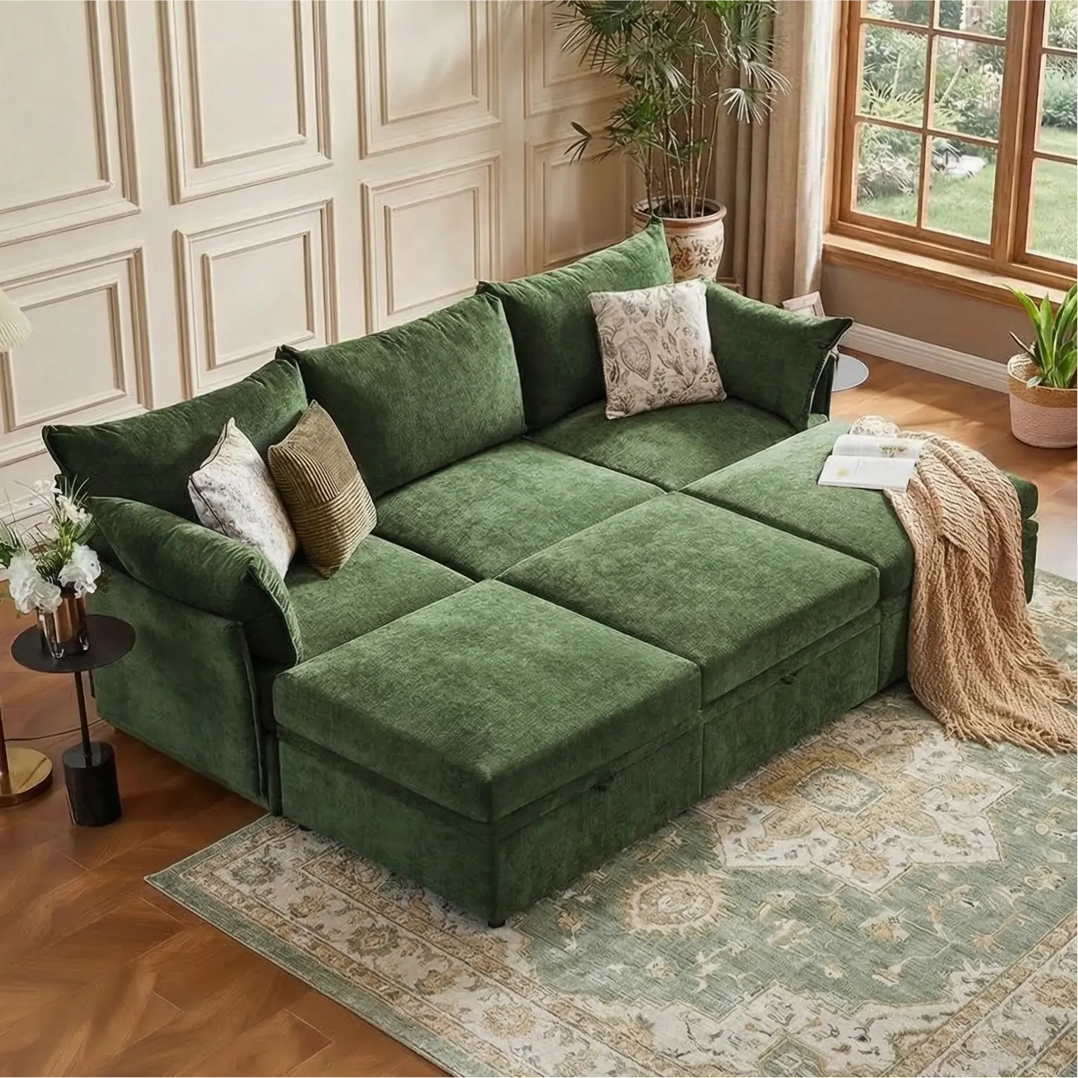 ABCASA 102" Oversized Modern Indoor Furniture Sectional Sleeper Sofa, 6-Seat Convertible Chenille Cushion Couch with Storage Chaise & Removable Cover, Comfy L-Shape Cloud Sofa for Living Room, Modern Sectional Sofa