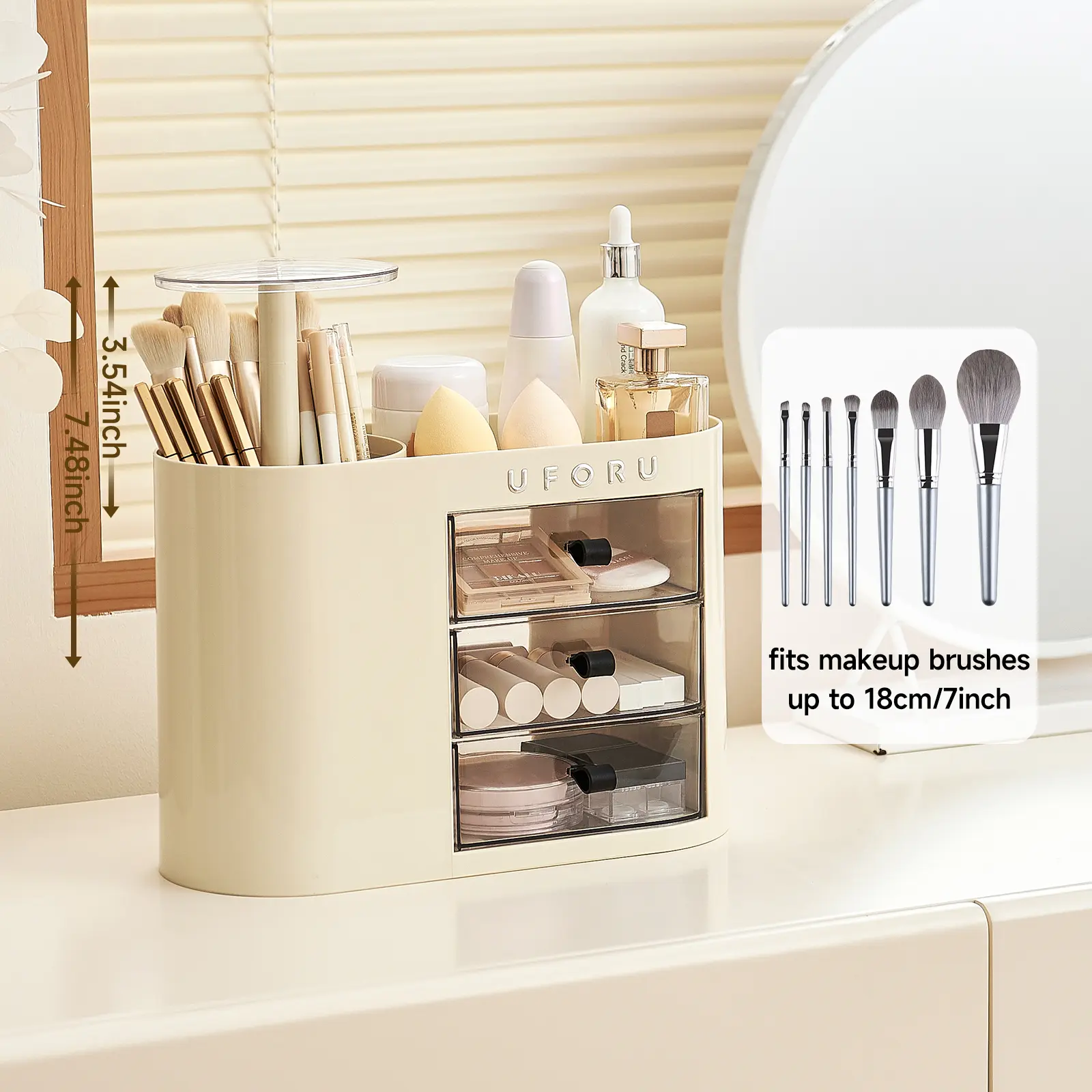 UFORU Eco-Friendly Classic White Vanity Organization Makeup Organizer Storage, Single Unit with 4-Slot Brush Holder, 1-Touch Open Drawers, Compact Dresser & Bathroom Countertop Storage for Lipsticks & Skincare Containers