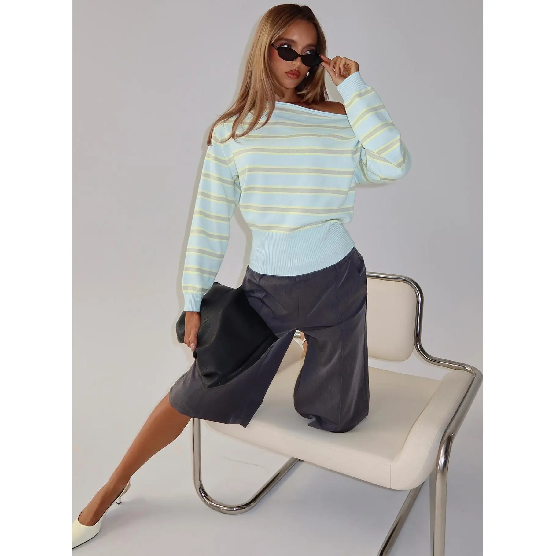 Zinia Off Shoulder Knit Sweater Grey / Blue Stripe